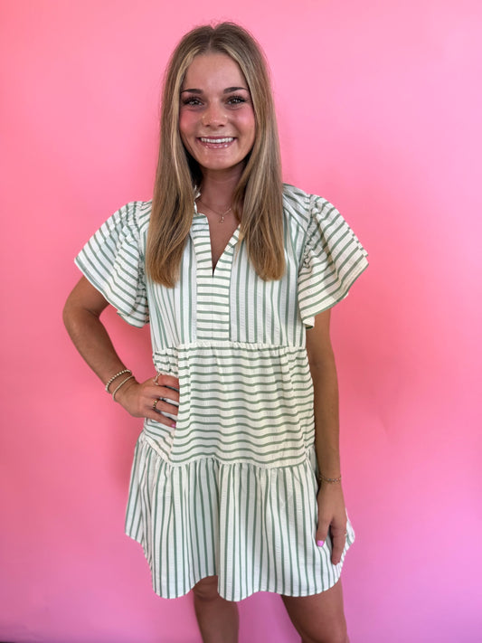 STRIPED GREEN BUTTON-UP DRESS