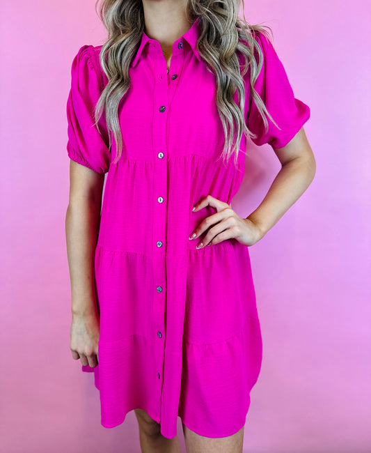 HOT PINK TIERED BUTTON FRONT DRESSED