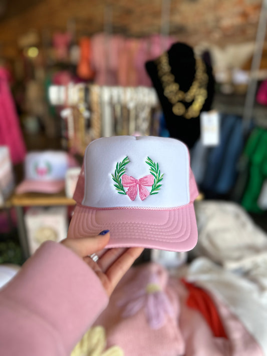 PINK EMBROIDERED BOW PINK TRUCKER HAT