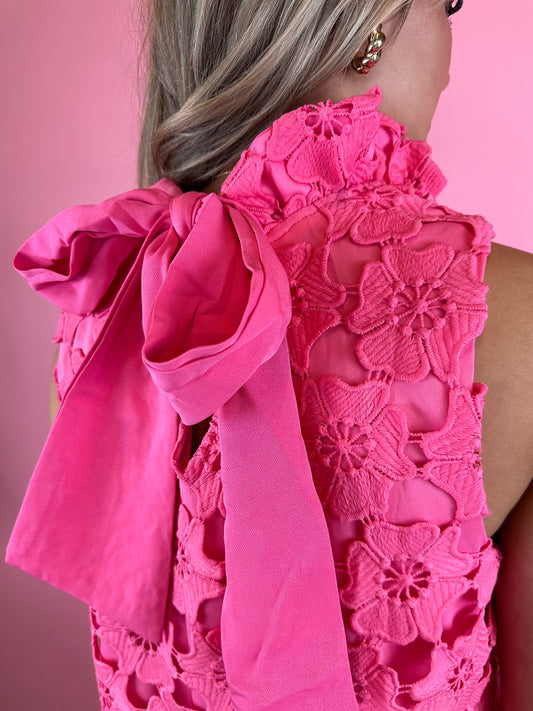 PINK FLOWER OVERLAY BOW DRESS