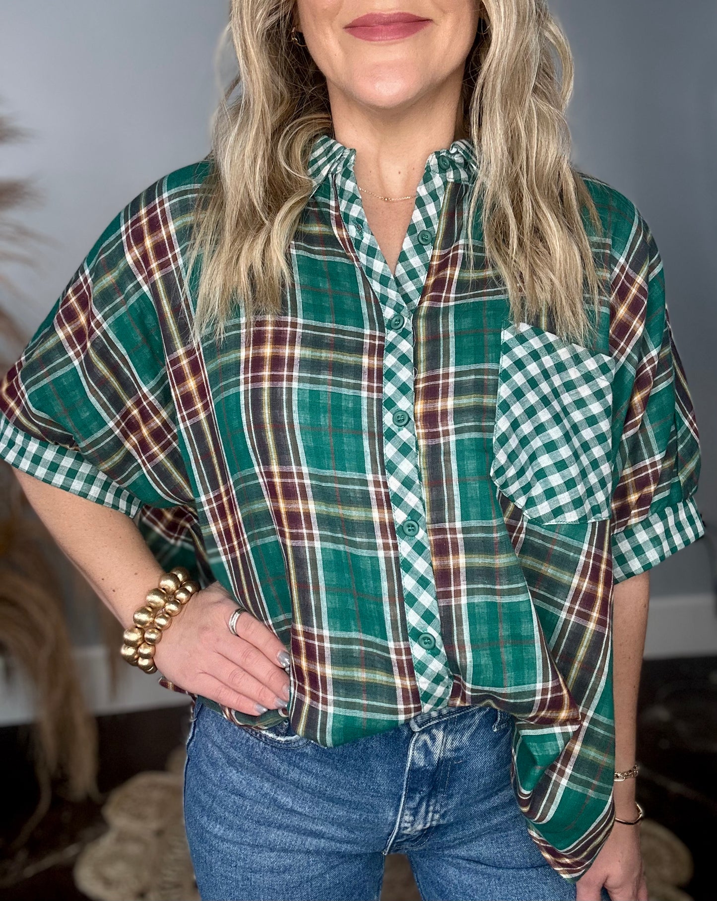 GREEN PLAID CHECKED ESSENTIAL TOP