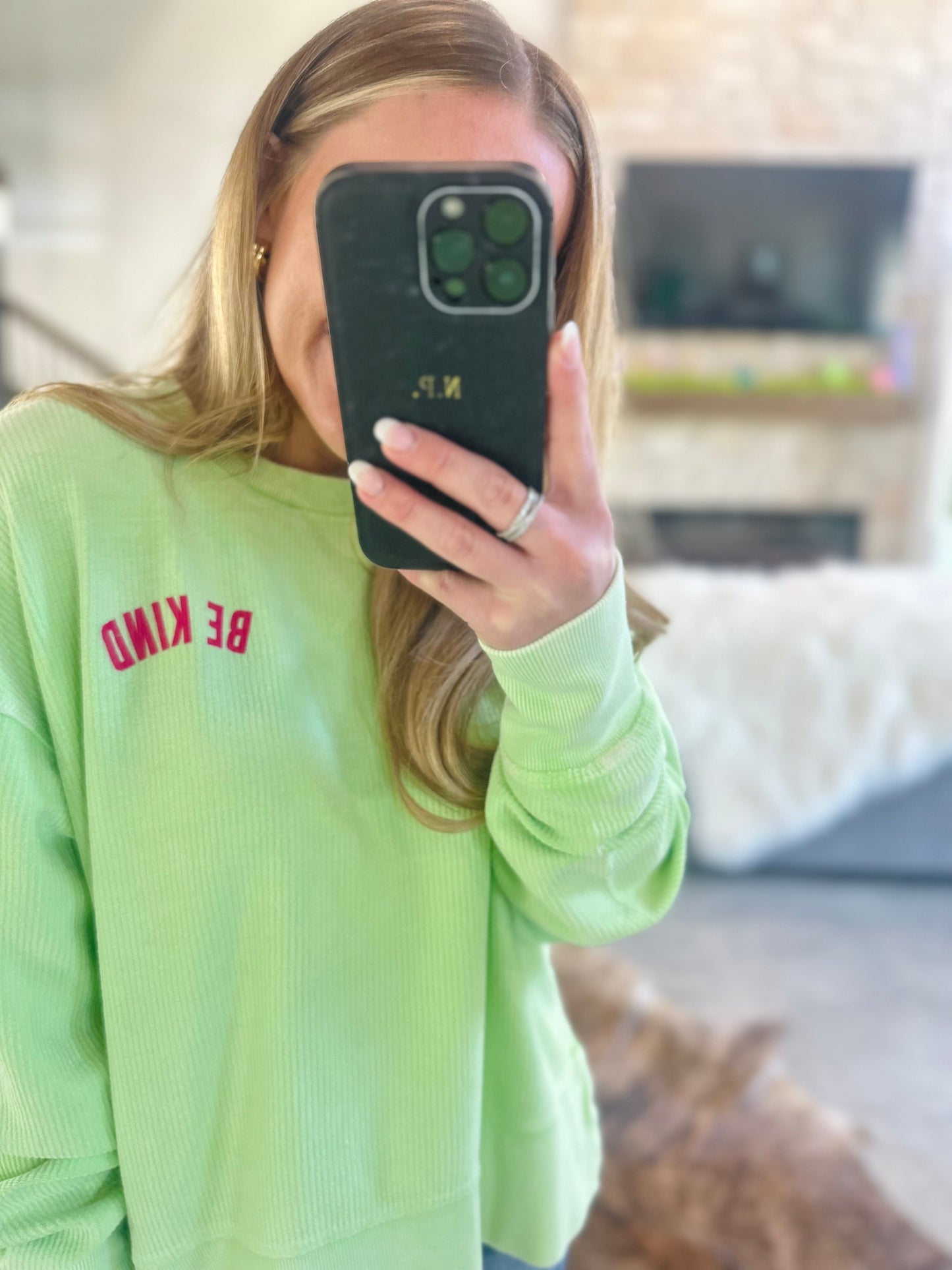 BE KIND LIME GREEN CORDED CREW