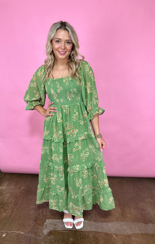 GREEN SMOCKING BODICE MAXI DRESS