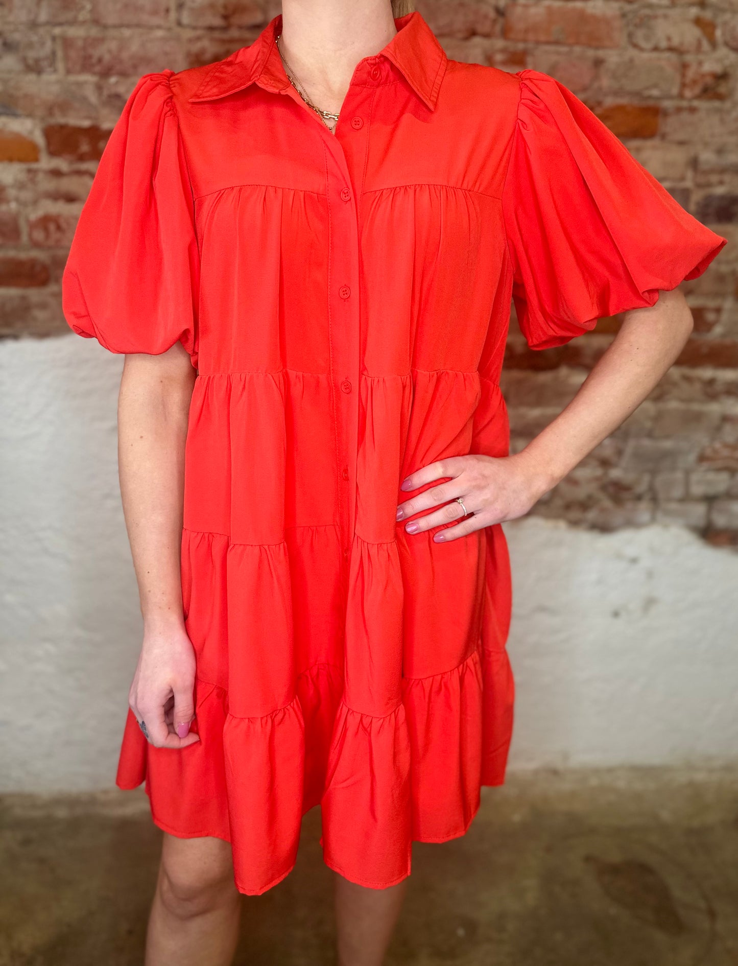 RED TIERED SHORT SLEEVE DRESS
