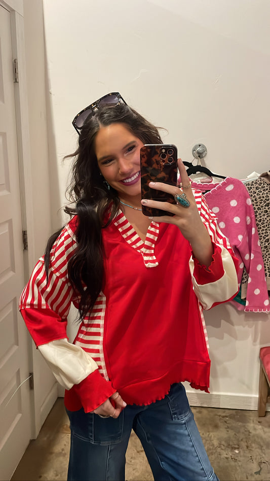 RED STRIPED RUGBY TOP