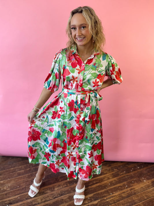 RED + GREEN FLORAL DRESS