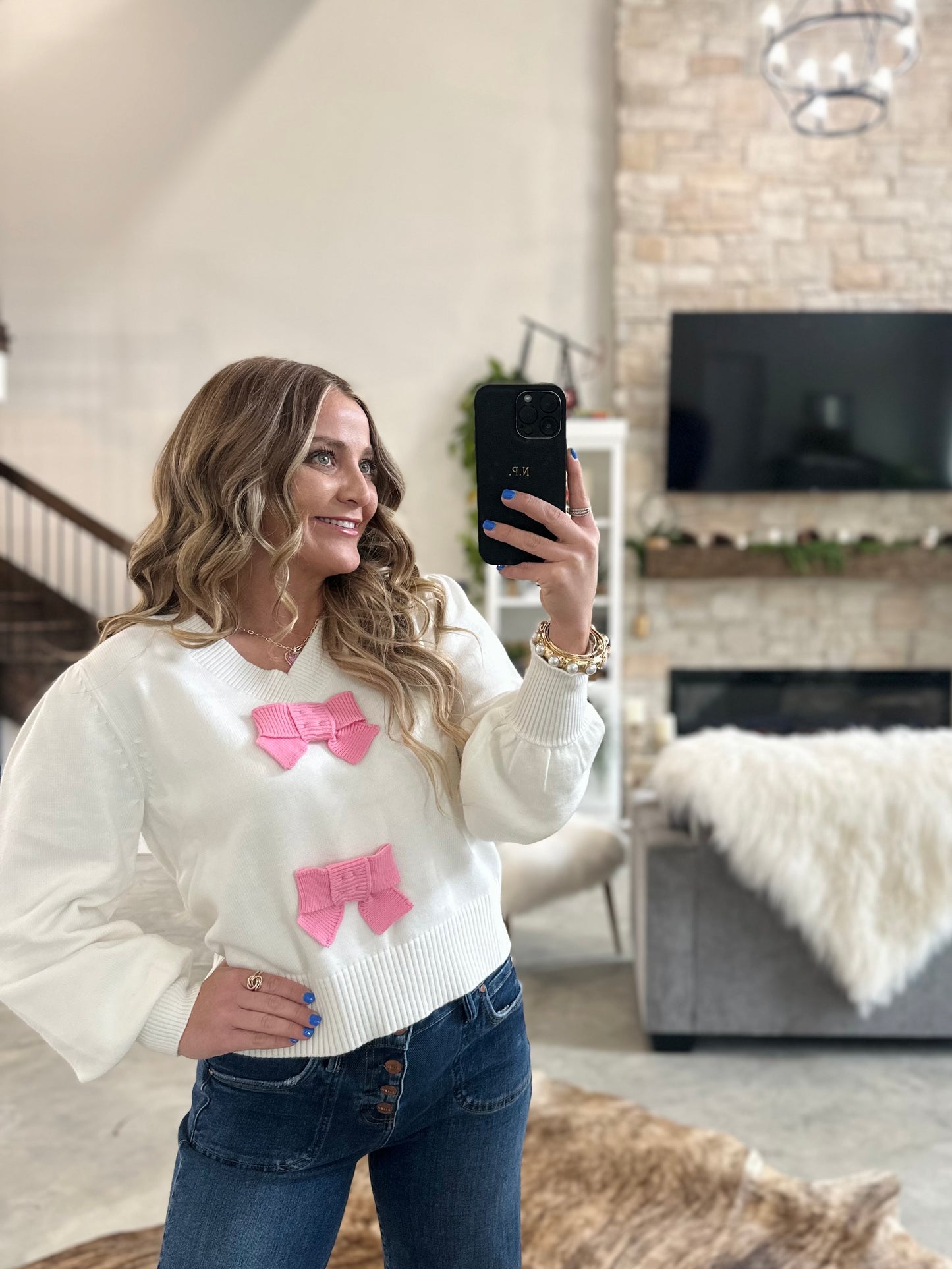 PINK/IVORY BOW SWEATER