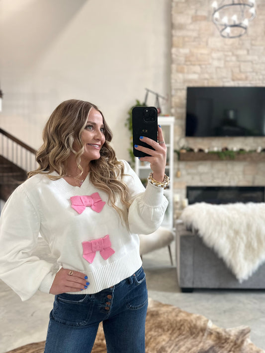 PINK/IVORY BOW SWEATER