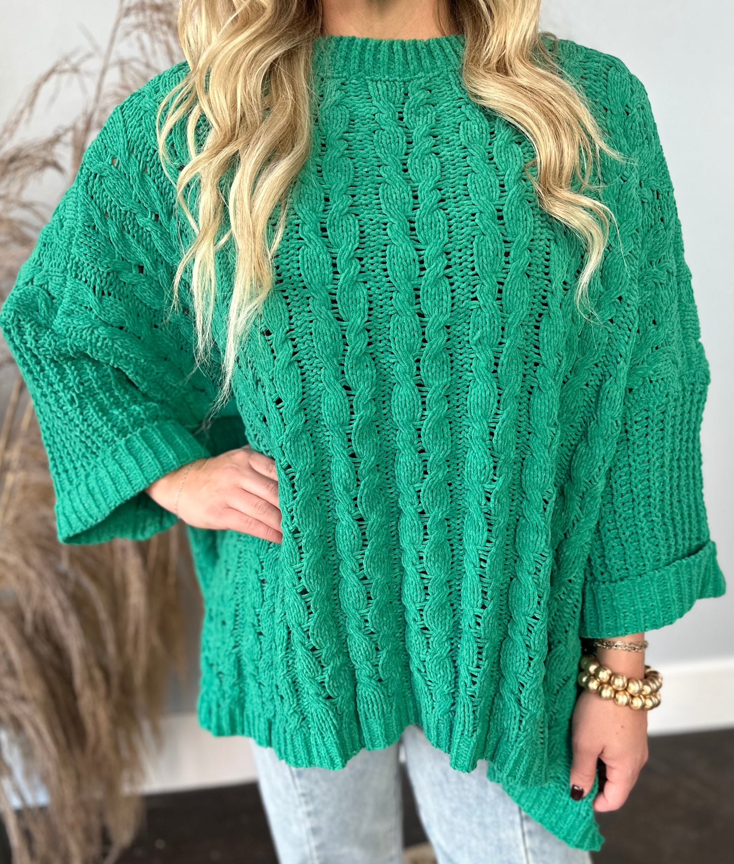 KELLY GREEN OVERSIZED CHENILLE SWEATER