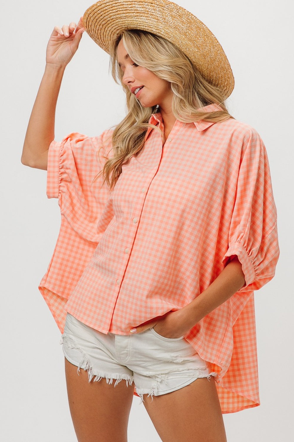 PLAID BUTTON UP DOLMAN SLEEVE