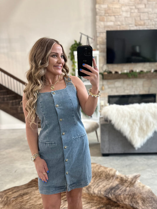 DENIM GOLD BUTTON SLEEVELESS DRESS