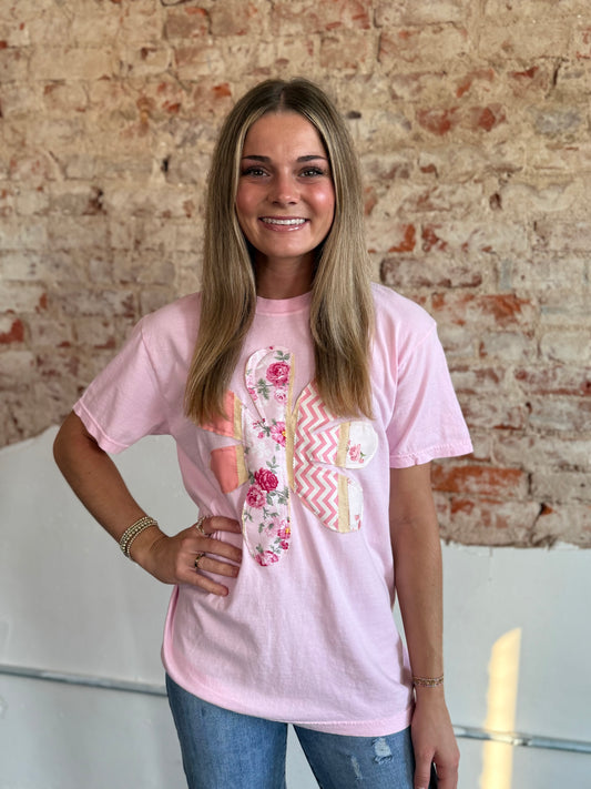 PINK W/PINK FLOWER APPLIQUE TEE