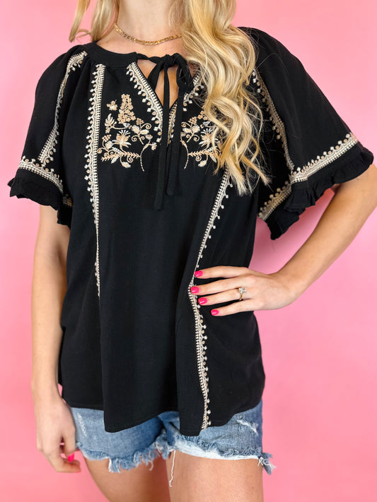 BLACK AND TAN EMBROIDERED TOP