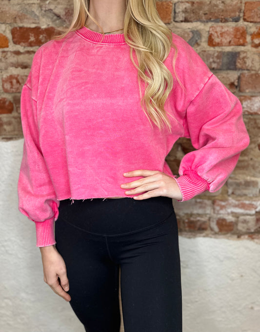 PINK FLEECE ACID WASH PULLOVER