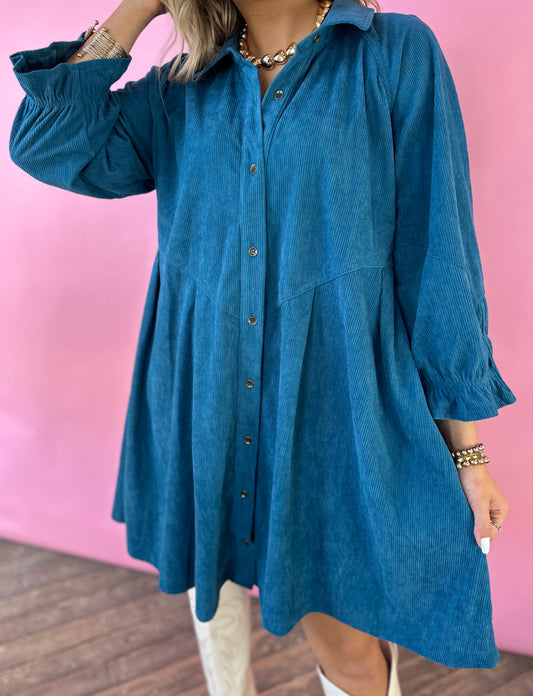 TEAL CORDUROY DRESS