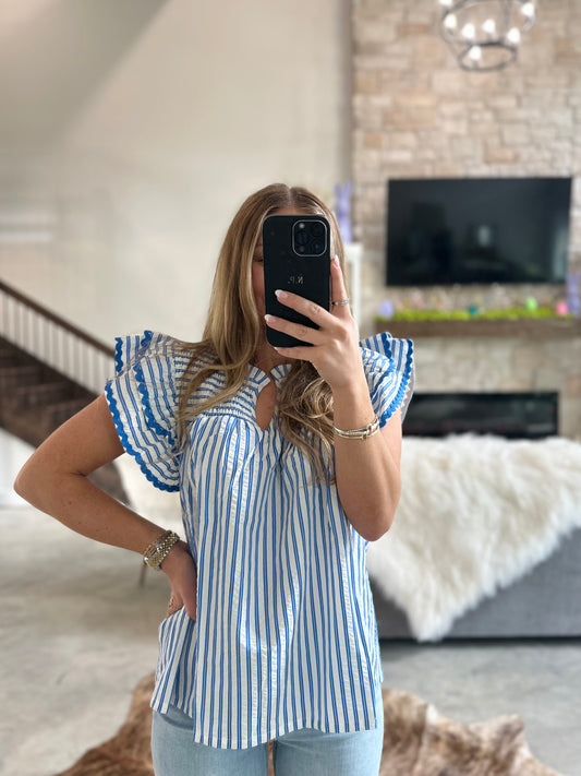 BLUE STRIPED RUFFLE TOP