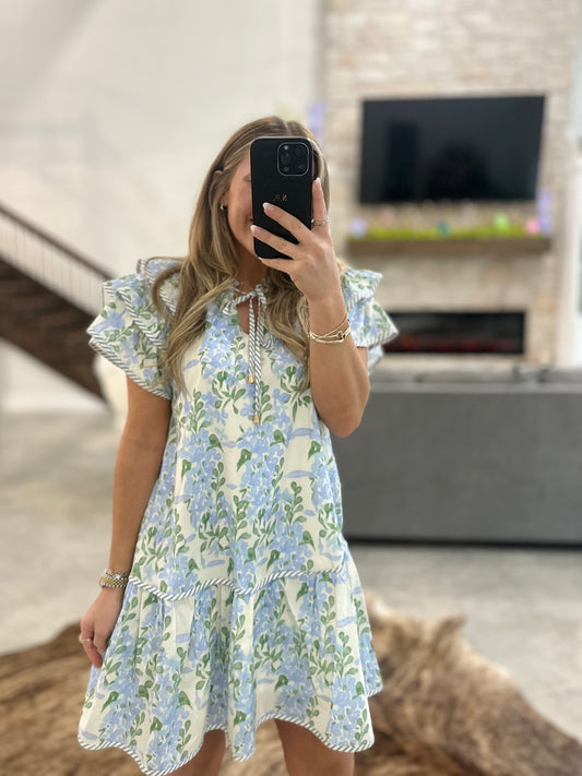 BLUE FLORAL STRIPED PIPING DRESS