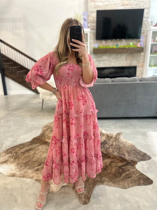 PINK SMOCKING BODICE MAXI DRESS