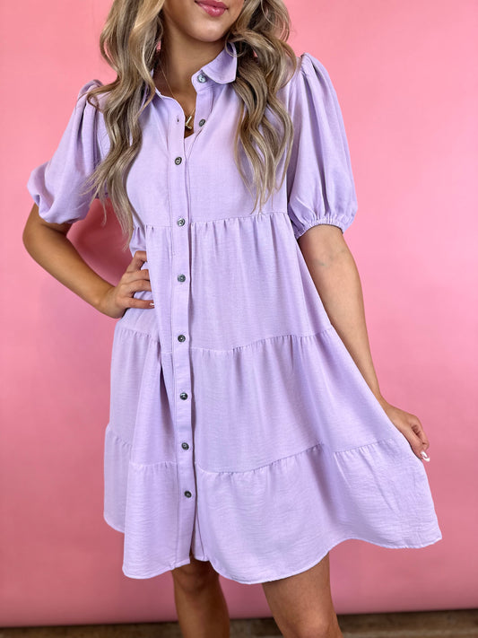 LILAC TIERED BUTTON FRONT DRESSED