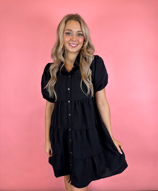 BLACK TIERED BUTTON FRONT DRESSED