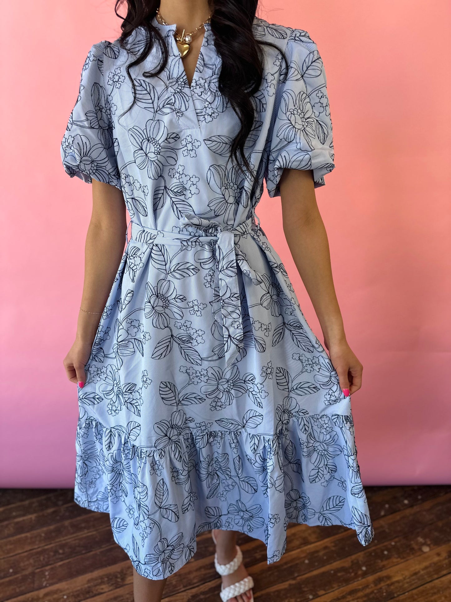 BLUE EMBROIDERED FLOWER DRESS