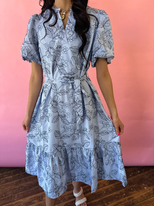 BLUE EMBROIDERED FLOWER DRESS
