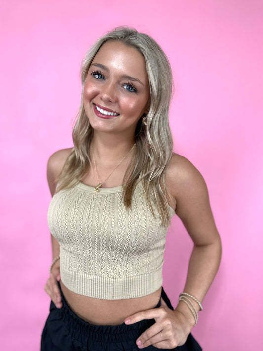 TAN RIBBED CROP TANK