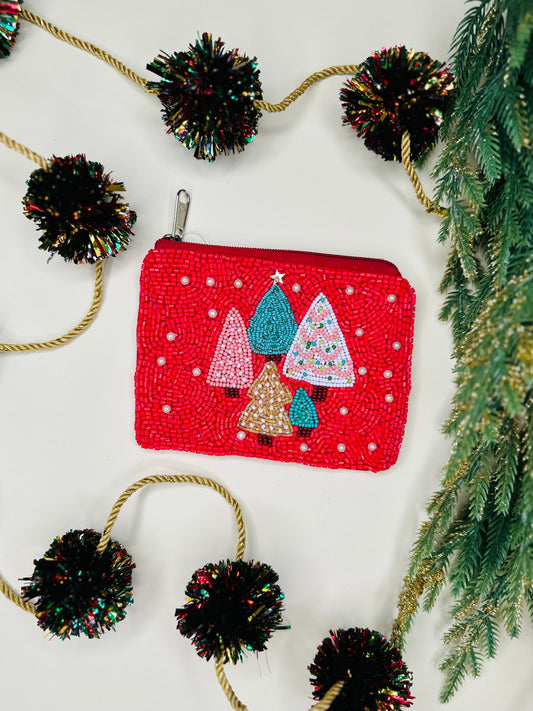 RED CHRISTMAS TREES BEADED COIN PURSE