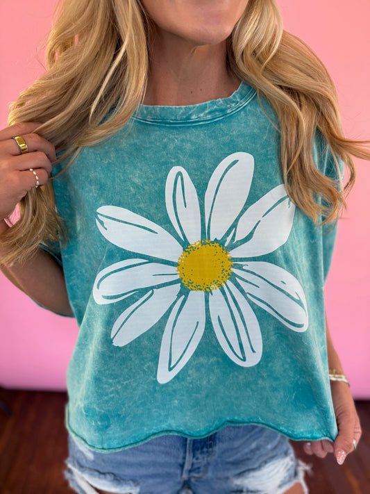 BLUE/GREEN DAISY CROP TEE