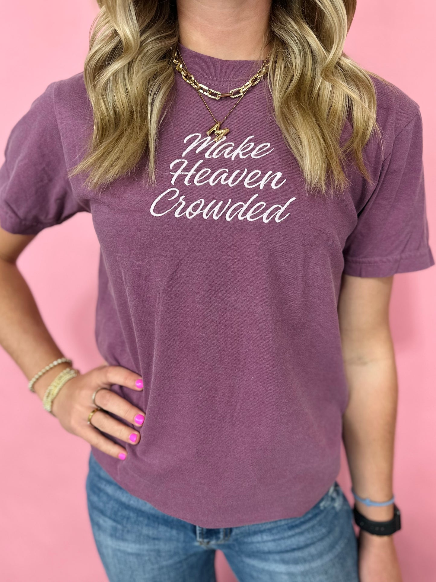 MAKE HEAVEN CROWDED EMBROIDERED WINE TEE