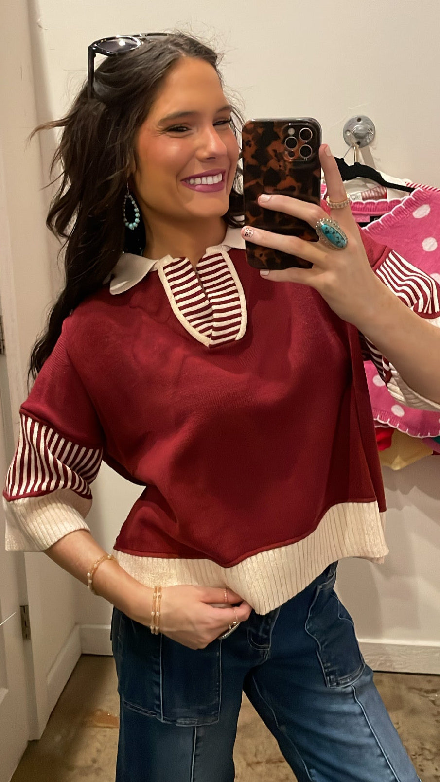 BURGUNDY/CREAM STRIPE SWEATER TOP