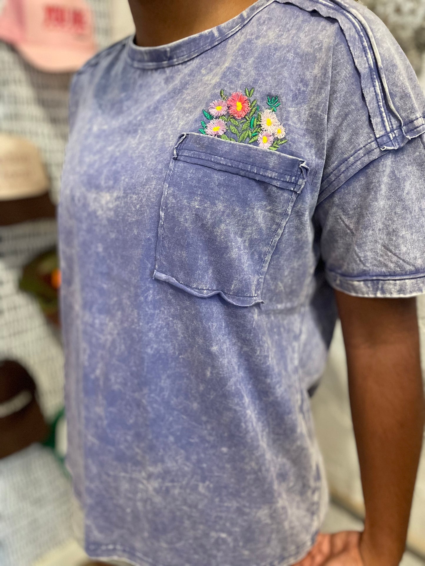 PURPLE FLOWERS IN MY POCKET TEE