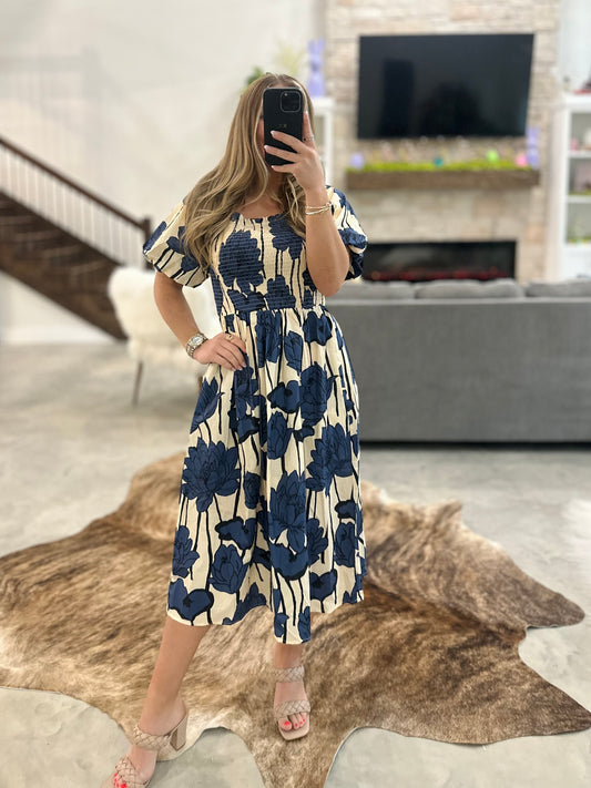 BLUE SMOCKED MIDI DRESS