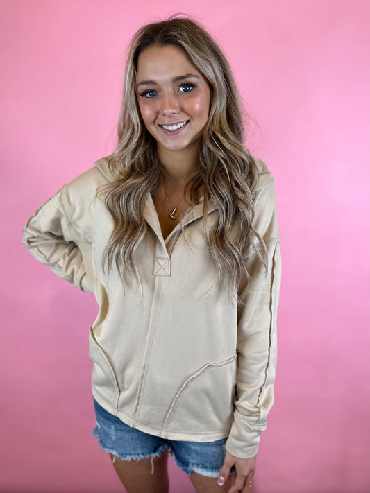 OATMEAL L/S V NECK W/POCKETS