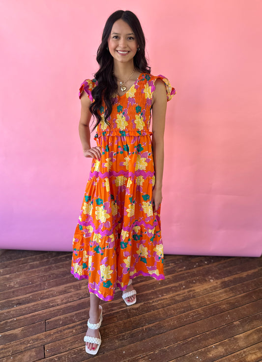 ORANGE FLORAL SCALLOP MAXI DRESS