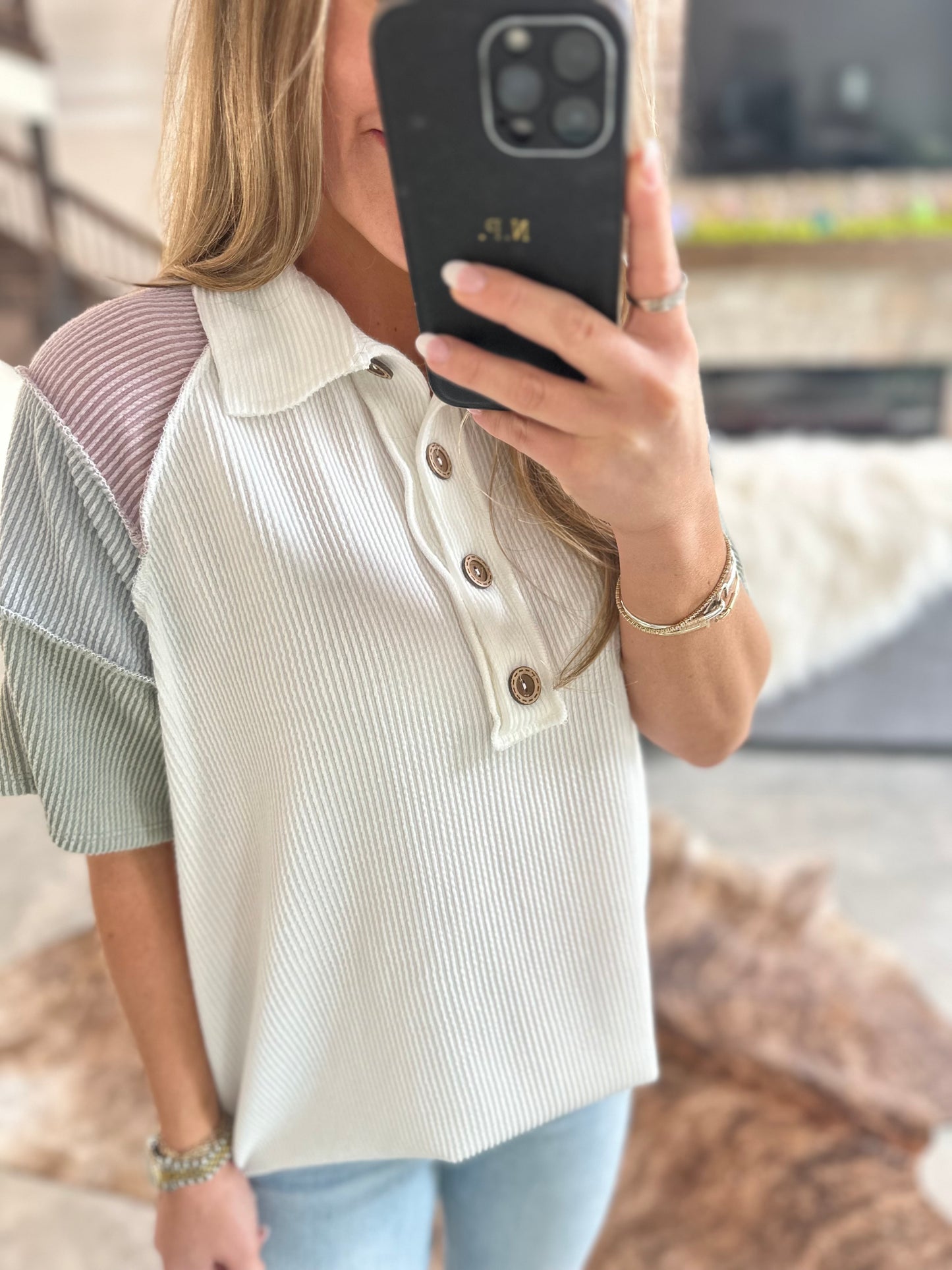 COLORBLOCK SLEEVE BUTTON UP TOP