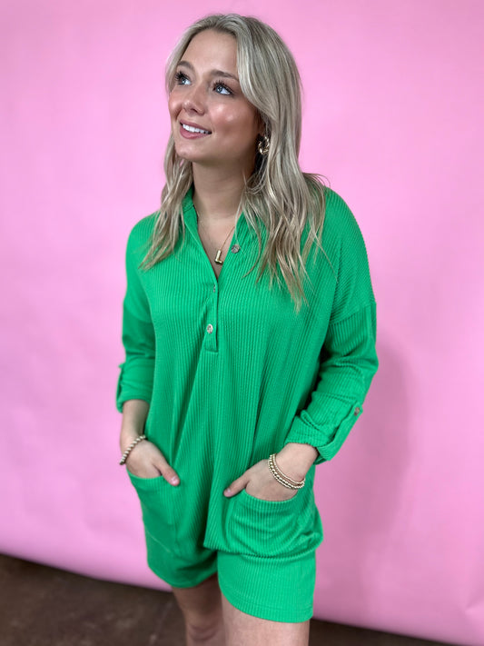 GREEN BUTTON UP ROMPER