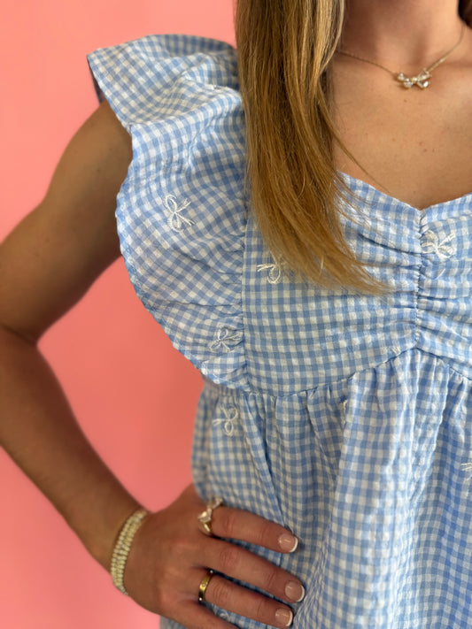BLUE GINGHAM AND BOW TOP