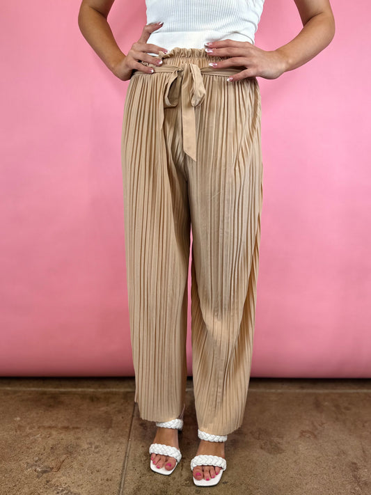 TAUPE PLEATED WIDE LEG PANTS