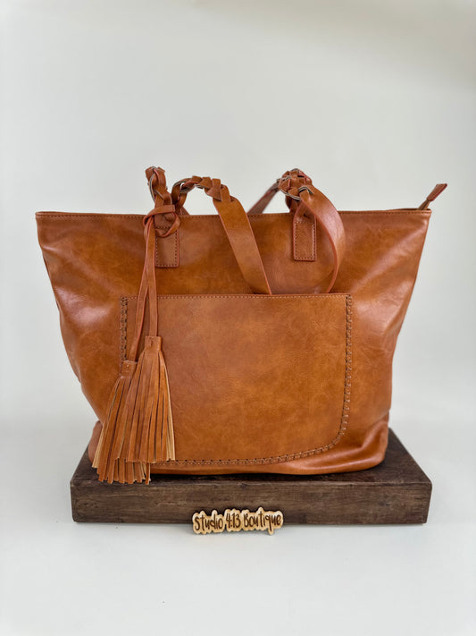 BROWN BRAIDED HANDLE LARGE PURSE