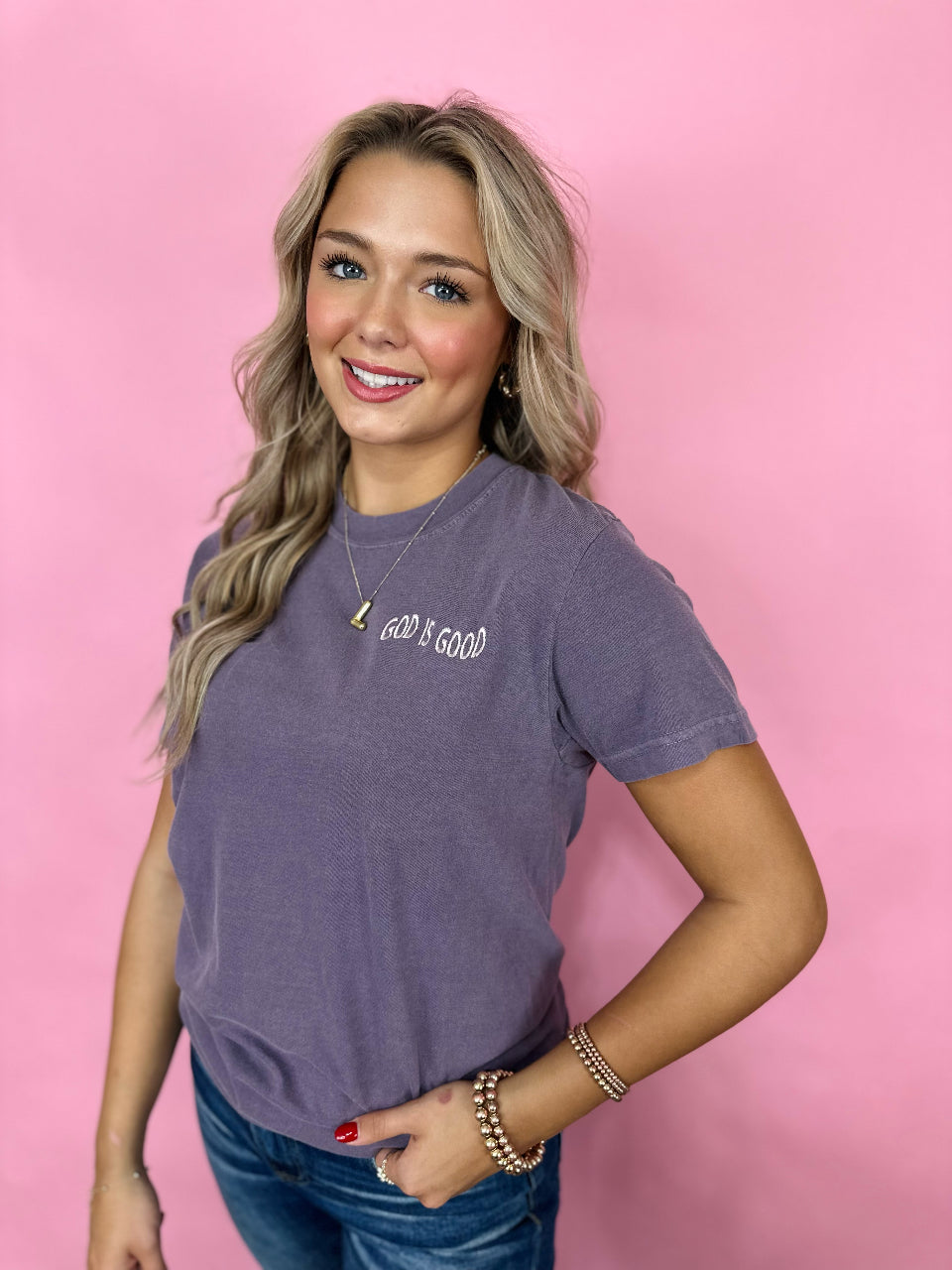 PURPLE GOD IS GOOD CROSS TEE