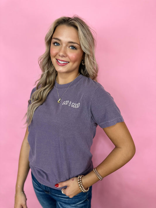 PURPLE GOD IS GOOD CROSS TEE