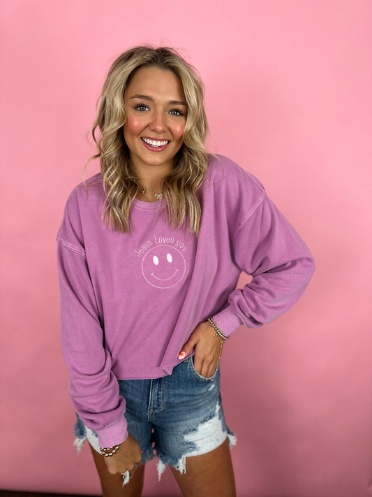 PURPLE JESUS LOVES YOU EMBROIDERED CROP SWEATSHIRT