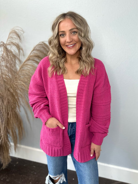 THICK COZY CHENILLE HOT PINK CARDIGAN