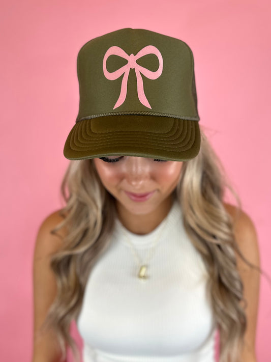 OLIVE GREEN RIBBON TRUCKER HAT