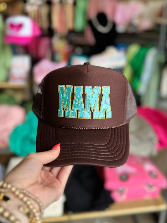BROWN & TURQUOISE MAMA TRUCKER HAT