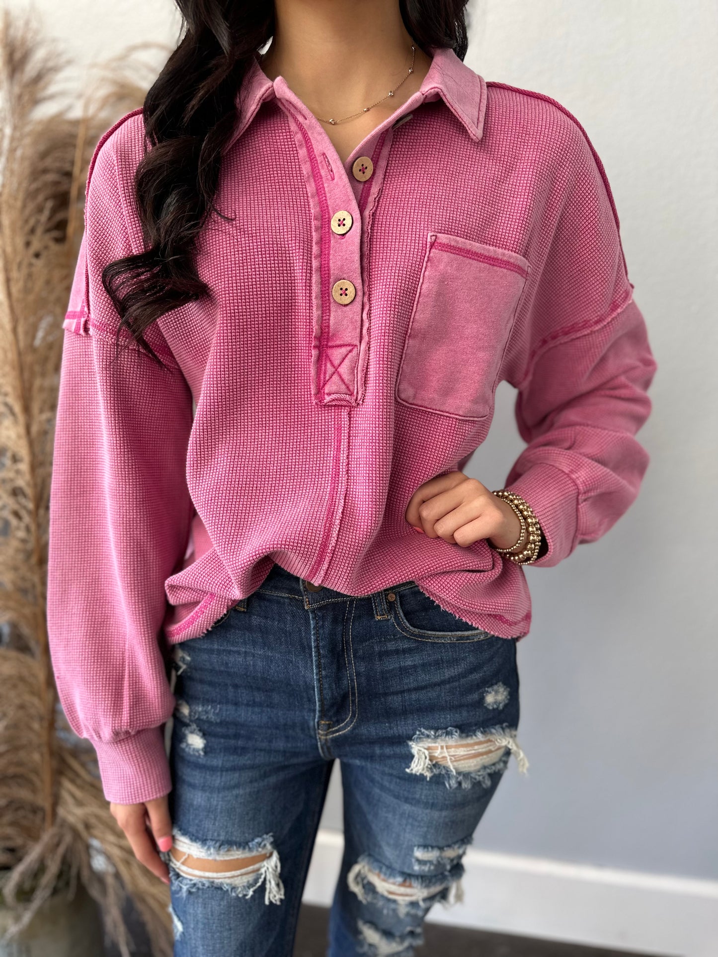 PINK L/S WAFFLE TOP