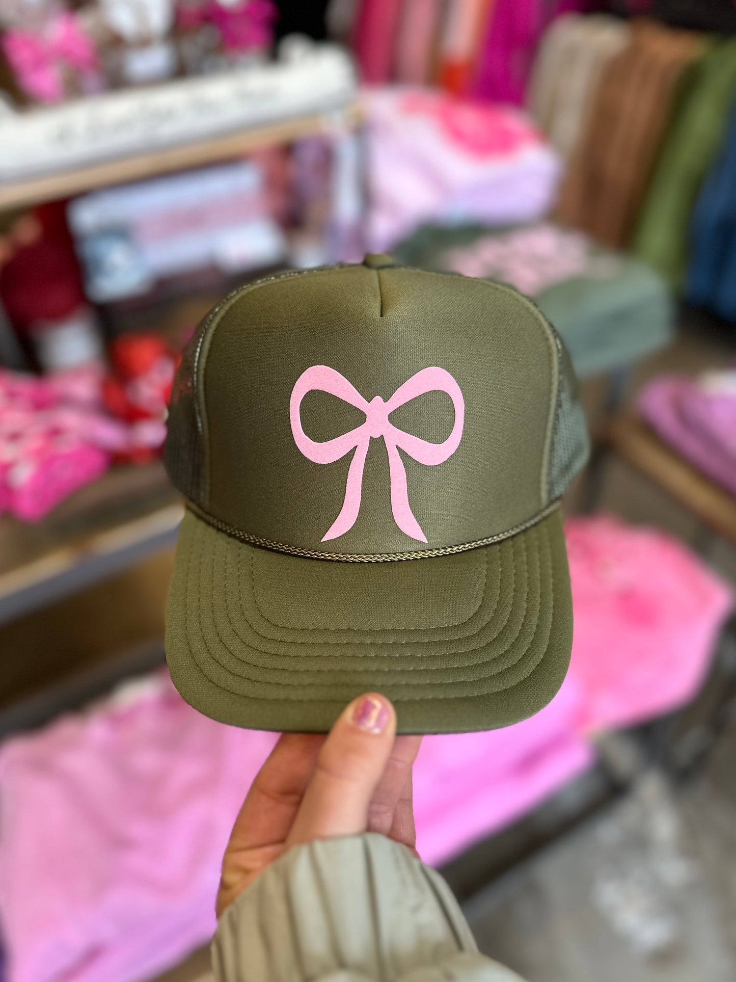 OLIVE GREEN RIBBON TRUCKER HAT
