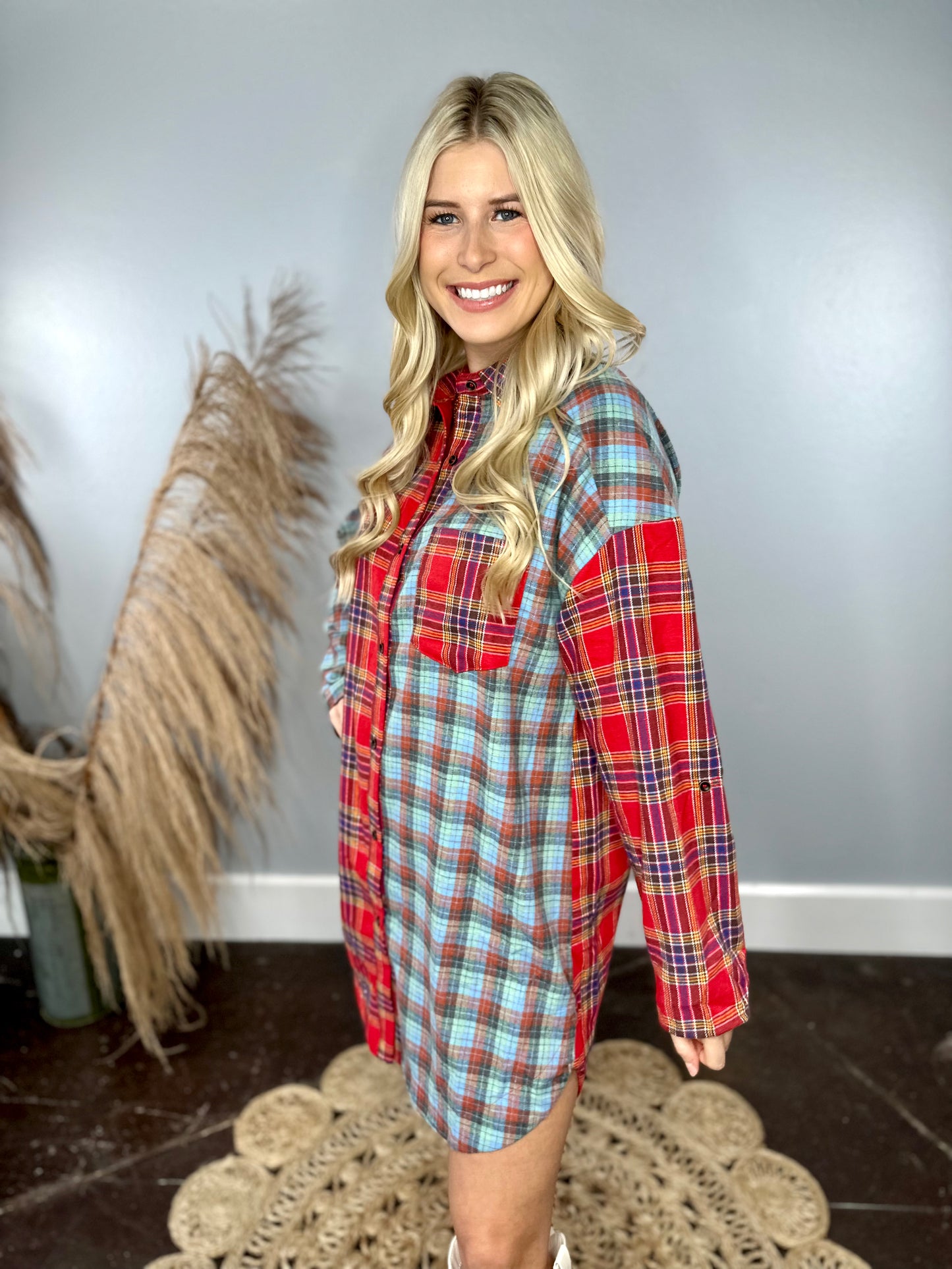 RED MULTI PLAID DRESS