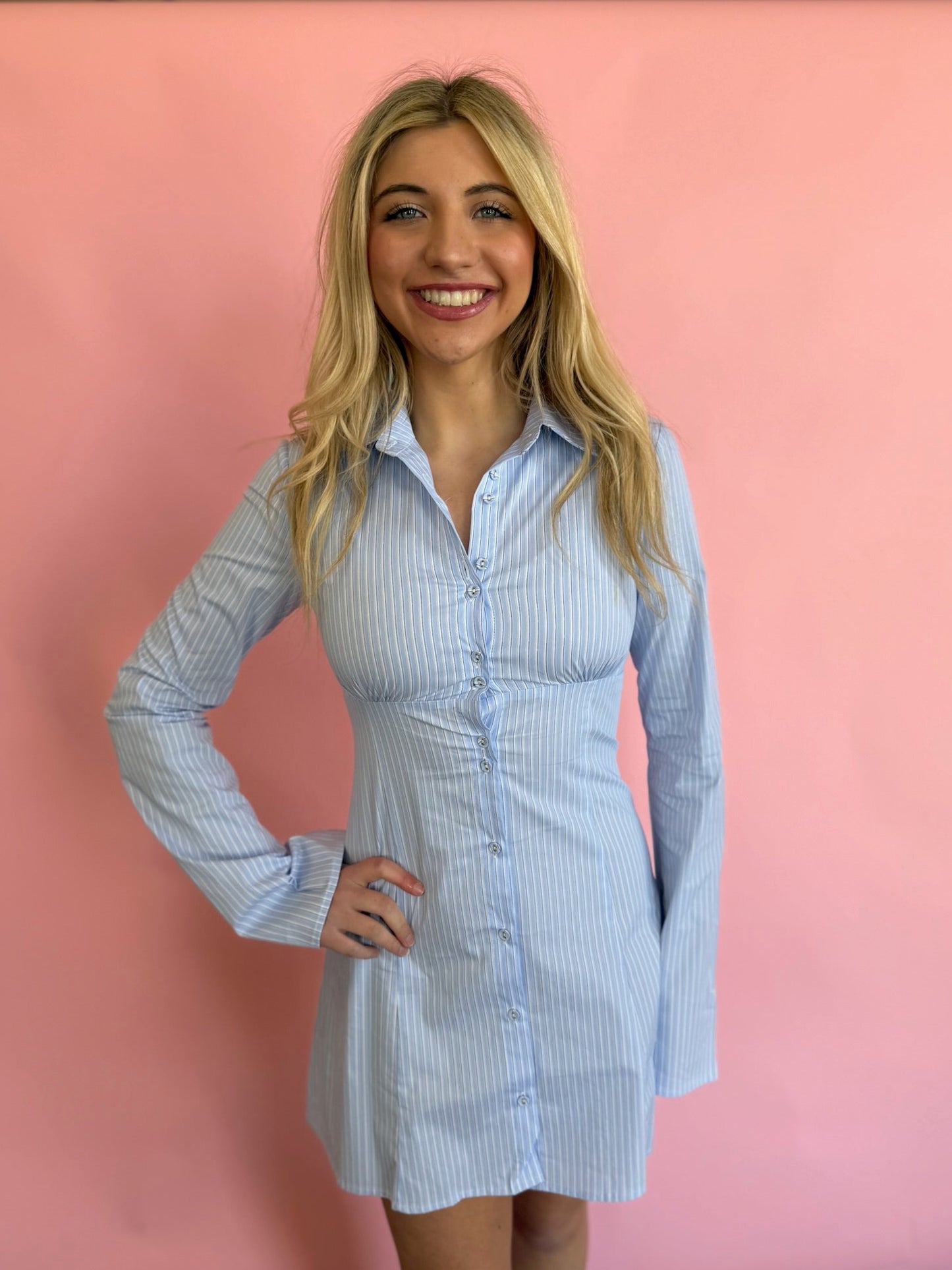 BLUE PINSTRIPE SHIRT DRESS